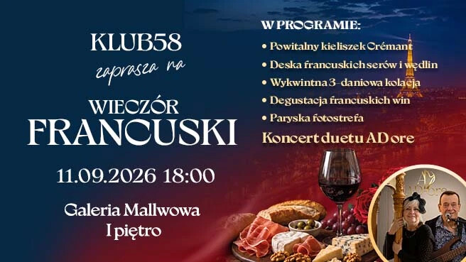 Wieczór Francuski w Klubie 58 – kulinarna i muzyczna podróż do serca Paryża, plakat wydarzenia