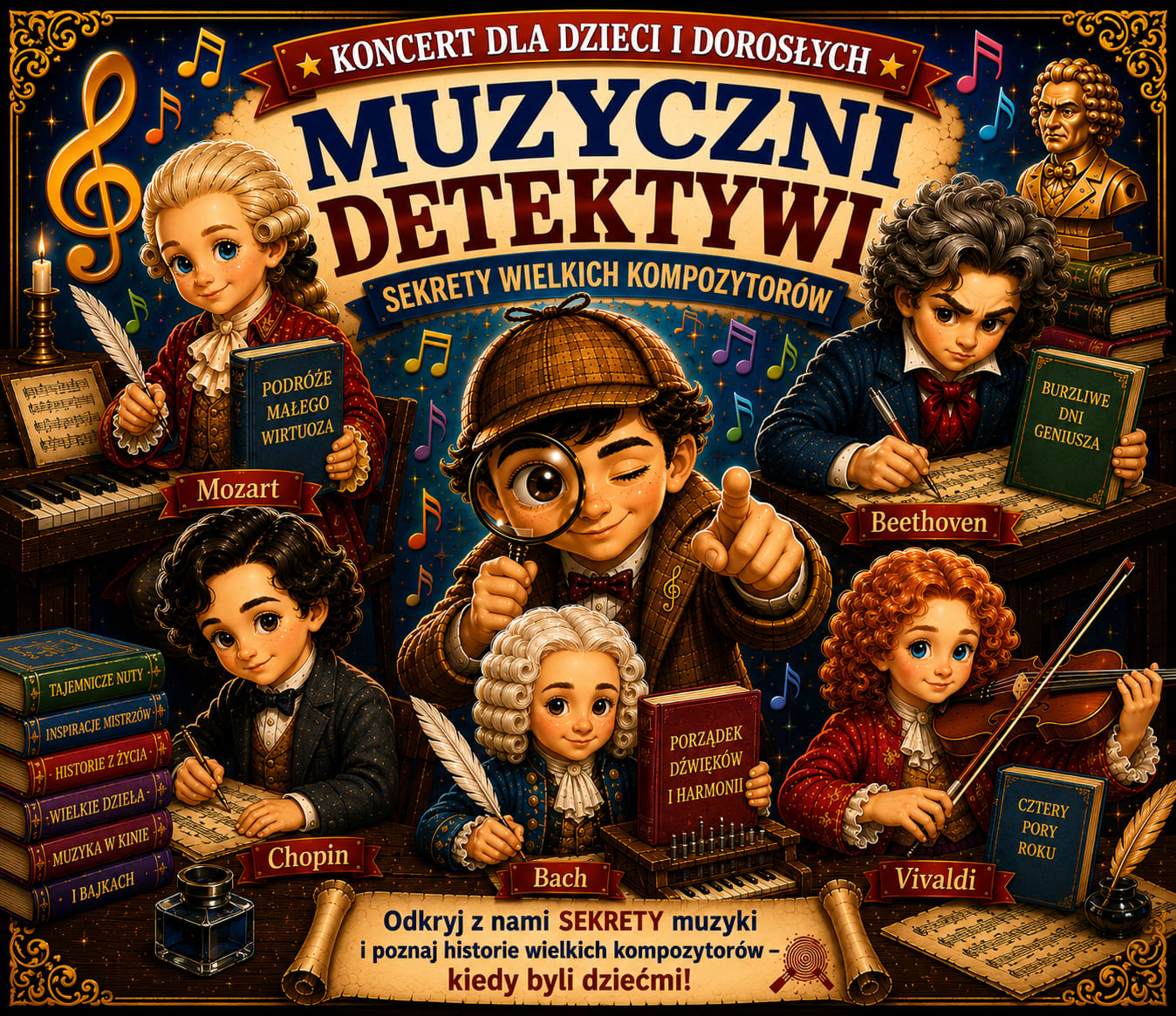 MUZYCZNI DETEKTYWI - SEKRETY WIELKICH KOMPOZYTORÓW, plakat wydarzenia
