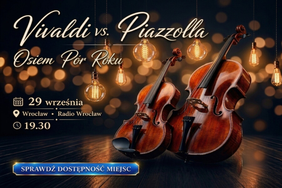 "Vivaldi vs Piazzolla Osiem por Roku". Muzyczny spektakl w blasku lamp Edisona., plakat wydarzenia