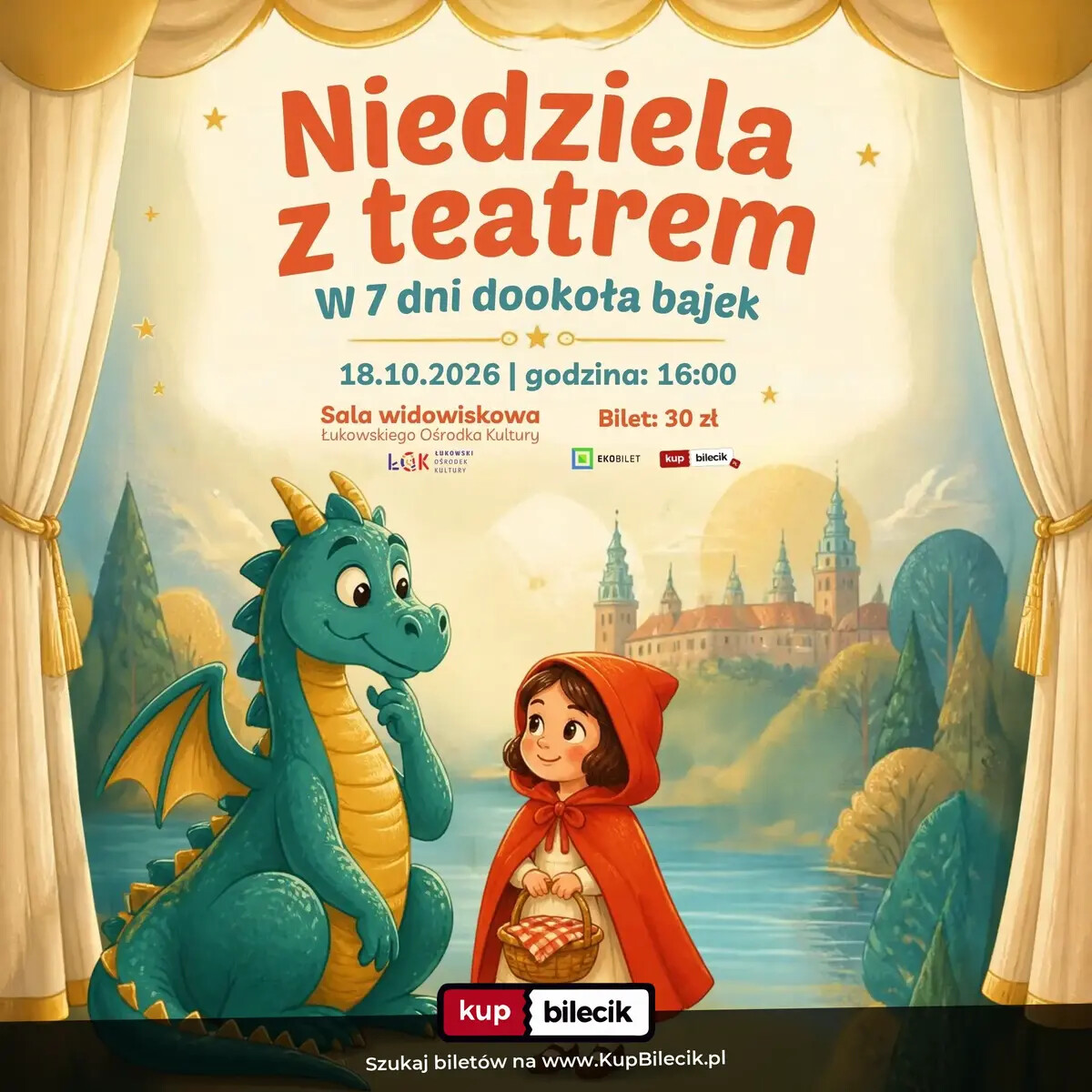 Niedziela z teatrem w ŁOK: "W 7 dni dookoła bajek", plakat wydarzenia