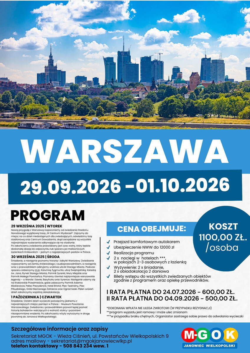 TRZYDNIOWA WYCIECZKA DO WARSZAWY / 29.09.2026 - 01.10.2026