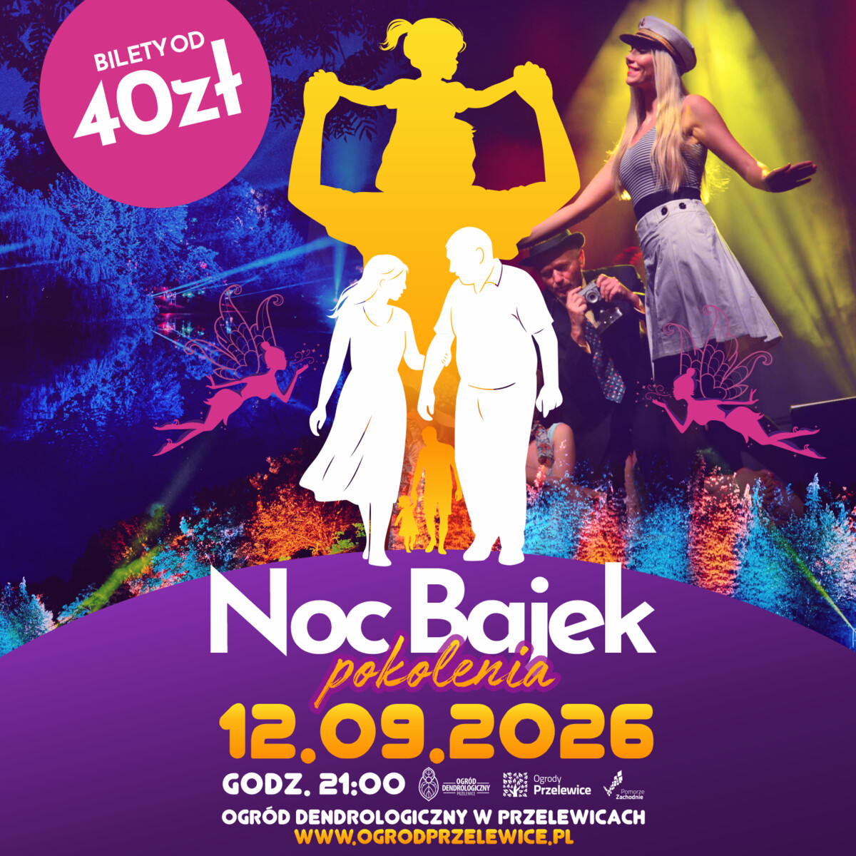 Noc Bajek Pokolenia w Ogrodzie Dendrologicznym w Przelewicach, plakat wydarzenia