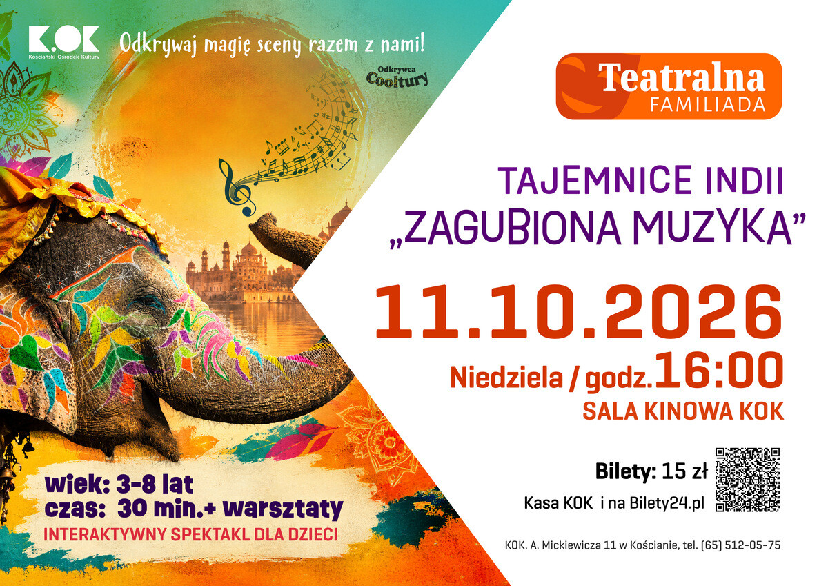 Zagubiona muzyka: Tajemnice Indii – interaktywny spektakl i warsztaty dla dzieci w KOK, plakat wydarzenia
